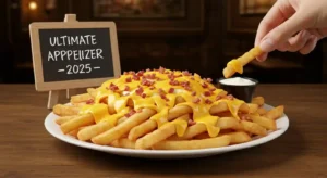 cheese fries loaded with melted cheddar, bacon bits