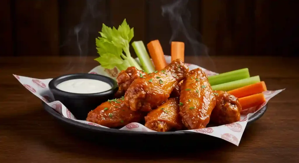 A generous platter piled high with glossy, deep-red saucy boneless hot wings, accompanied by fresh celery sticks