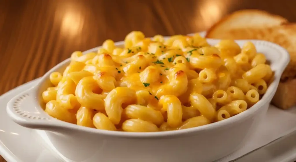 Creamy Texas Roadhouse macaroni and cheese served in a white bowl, with elbow pasta