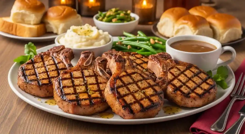 Grilled Pork Chops Family Meal—four grilled boneless pork chops served with mashed potatoes, green beans