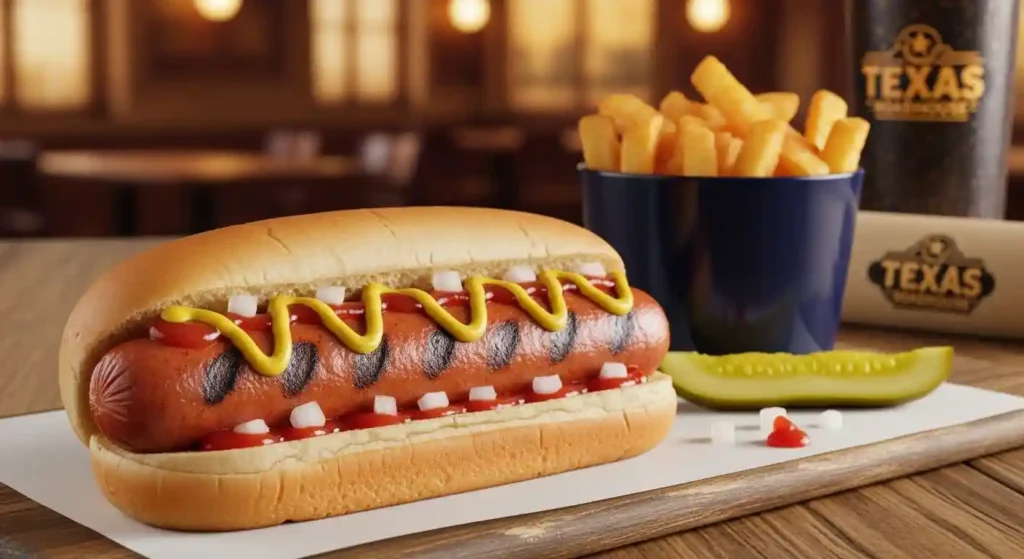 Grilled Texas Roadhouse all-beef hot dog in a toasted bun, topped with mustard, ketchup