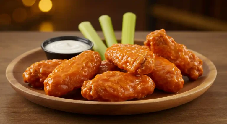 Texas Roadhouse boneless buffalo wings served with ranch dressing and celery on a rustic plate.