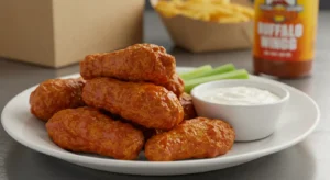 Fresh boneless wings being tossed in buffalo sauce in a Texas Roadhouse-style kitchen.