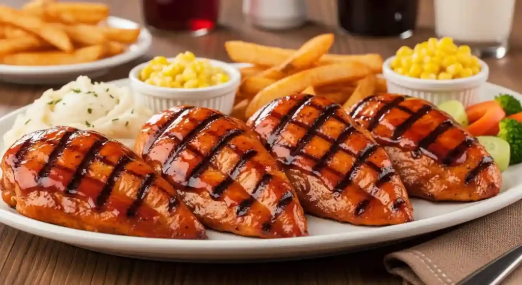 BBQ Chicken Family Meal four BBQ-marinated grilled chicken breasts served with steak fries, mashed potatoes