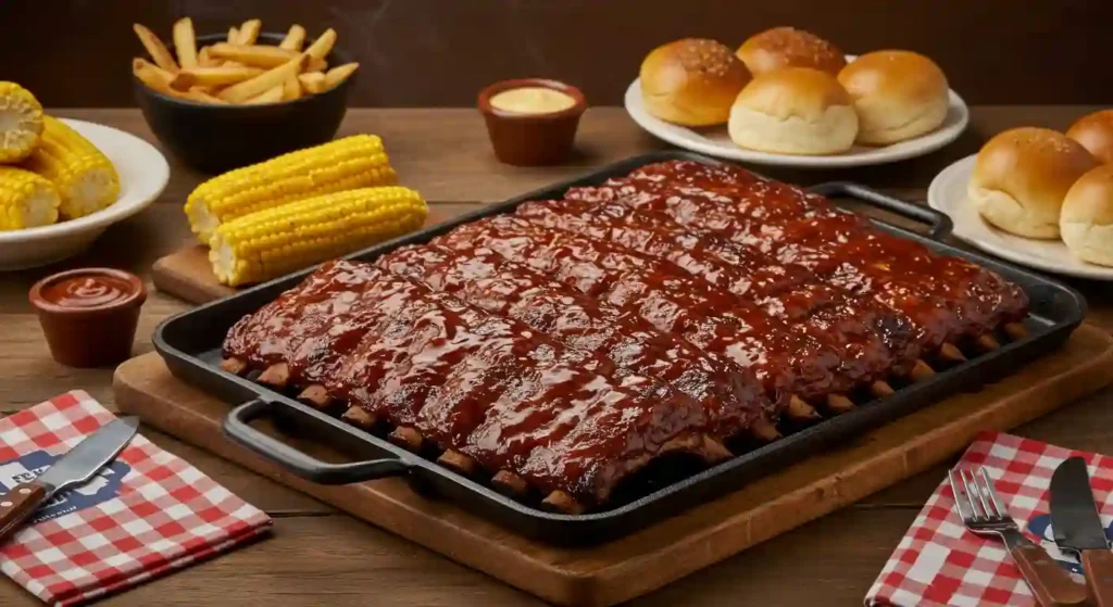 Texas Roadhouse BBQ Ribs Party Pan filled with glazed, grilled ribs, served with corn on the cob, steak fries