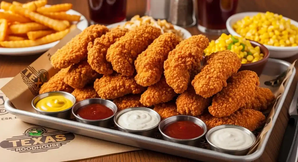 Texas Roadhouse Chicken Critter Family Pack with crispy chicken tenders, dipping sauces, fries