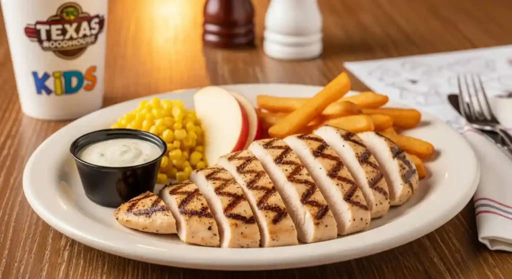 Texas Roadhouse Grilled Chicken (Kids) served as tender, seasoned chicken strips with a dipping sauce