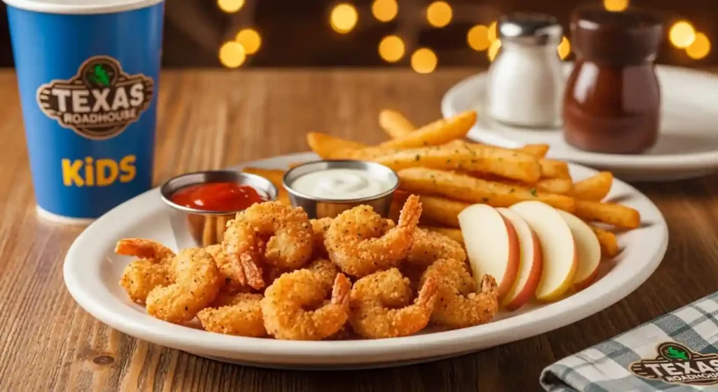 Texas Roadhouse Kids' Popcorn Shrimp—crispy, golden-brown shrimp served with dipping sauce