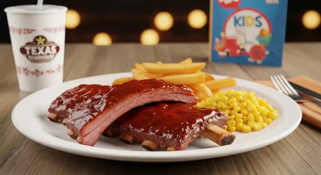 Texas Roadhouse Kids' Ribs—barbecue-glazed ribs served with steak fries on a white plate in a cozy, family-friendly restaurant setting.