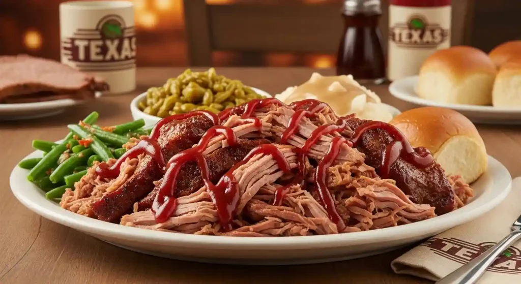 Texas Roadhouse Plan A Entrée featuring pulled pork with BBQ sauce, mashed potatoes, green beans