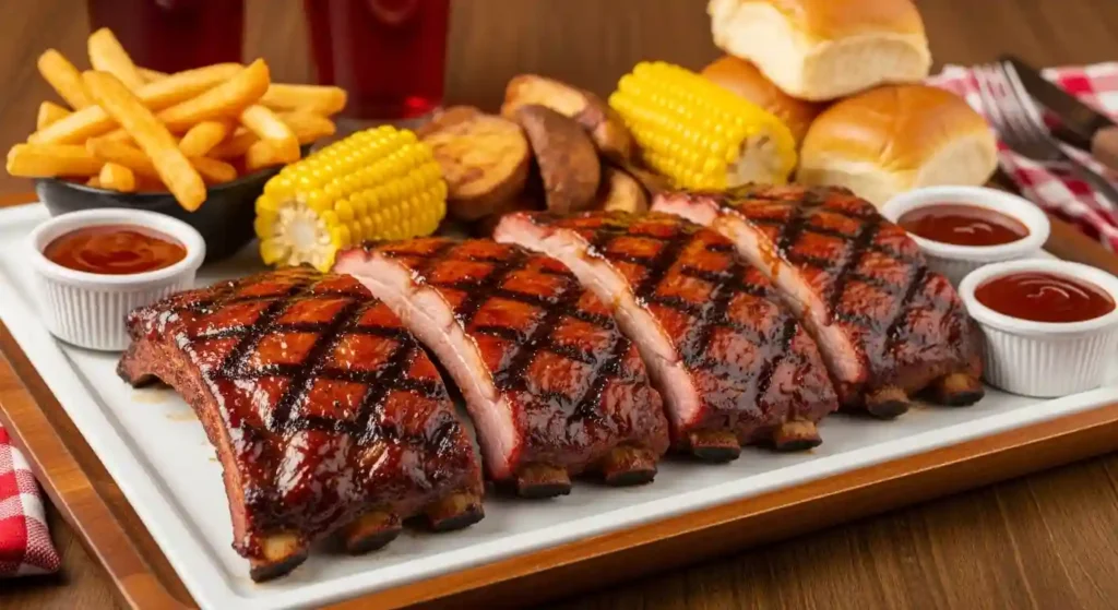 Texas Roadhouse Ribs Family Meal three half-slabs of barbecue-glazed ribs served with steak fries, corn on the cob
