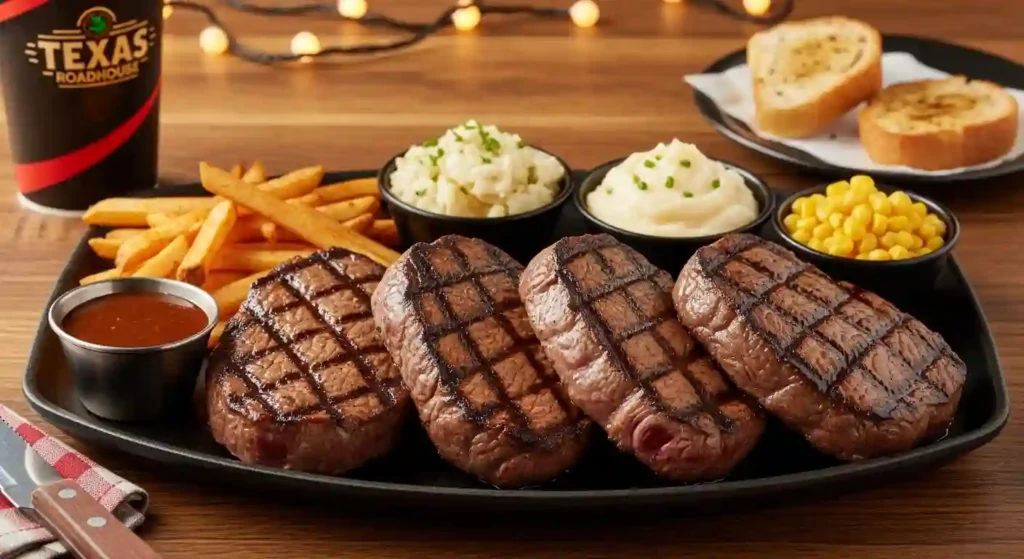 Sirloin Steak Family Meal four 6 oz. medium-cooked sirloin steaks served with steak fries