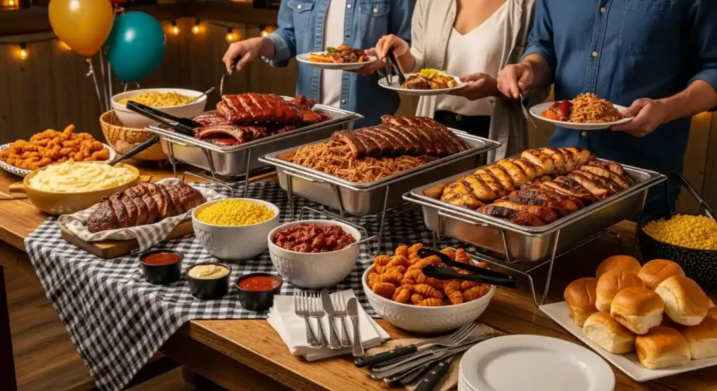 Texas Roadhouse catering setup featuring a buffet spread of BBQ ribs, pulled pork, grilled chicken, sides