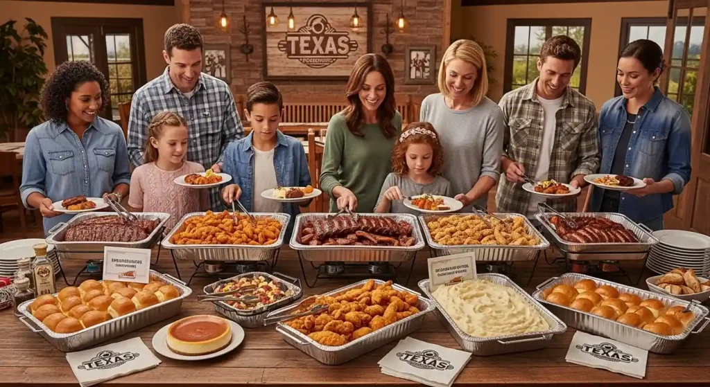 Texas Roadhouse catering spread with BBQ ribs, chicken, sides, and dessert, served buffet-style to a group at an event.