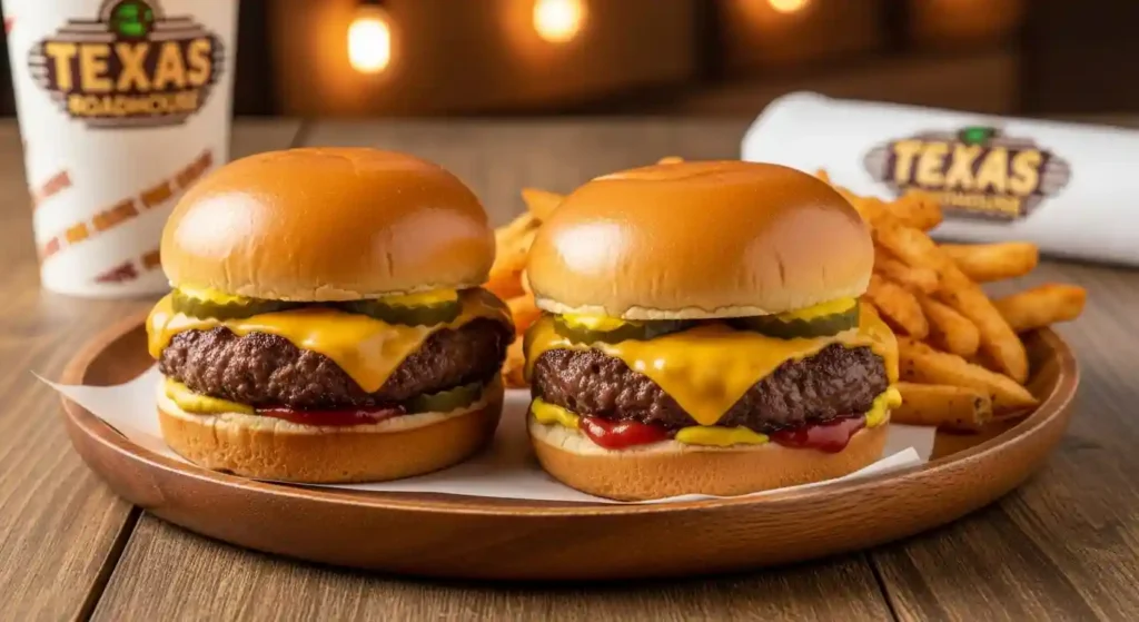 Two Texas Roadhouse mini-cheeseburgers with melted American cheese on soft buns